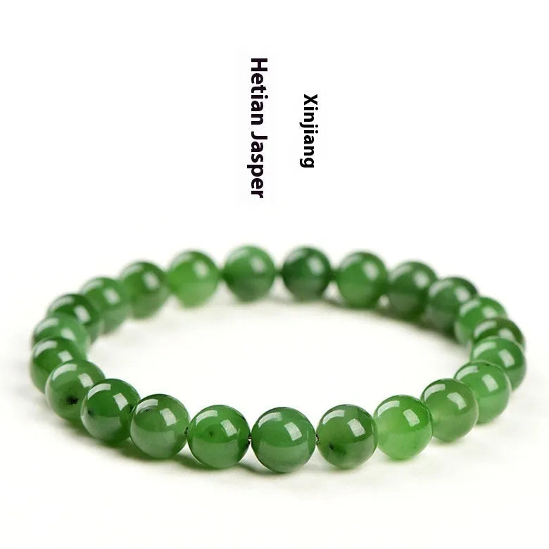 Natural jasper ball bracelet with polished round jade beads on a single strand, showing different bead size options.