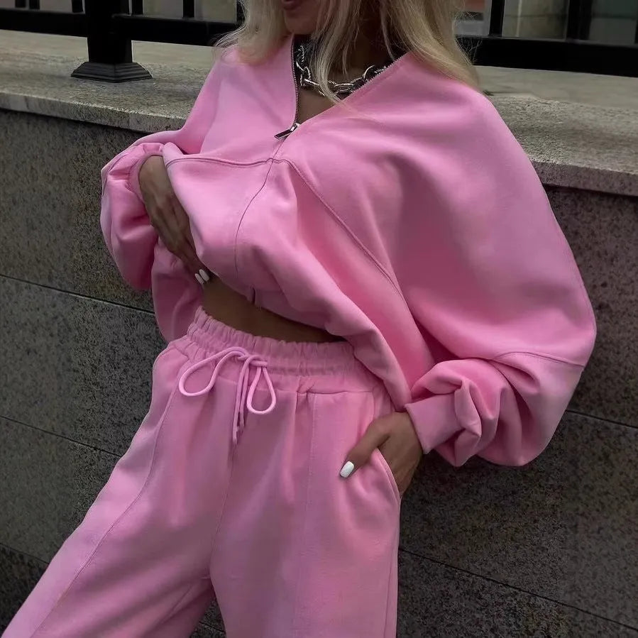 Women's pink cotton blend sweater and cropped pants two-piece set with collar stitching detail