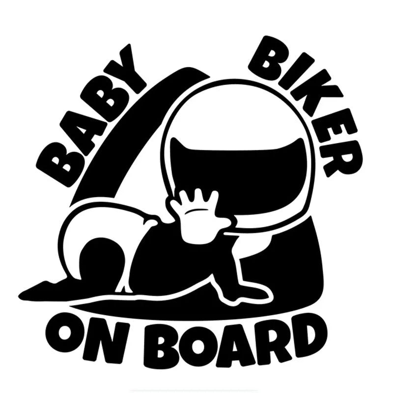 Black and white versions of a reflective BABY ON BOARD car sticker measuring 14.5 by 15 cm.