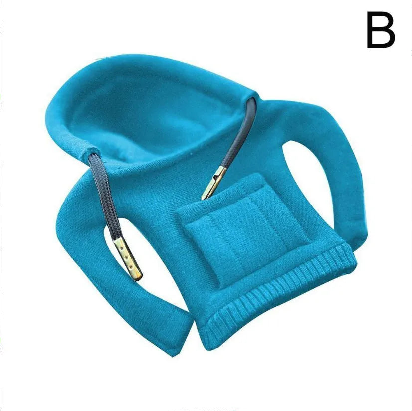 Cloth car gear shift knob cover in various colours showing its 13cm by 8cm size