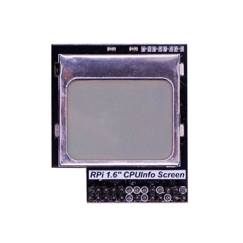Raspberry Pi 1.6 inch LCD display module showing system information on its screen.