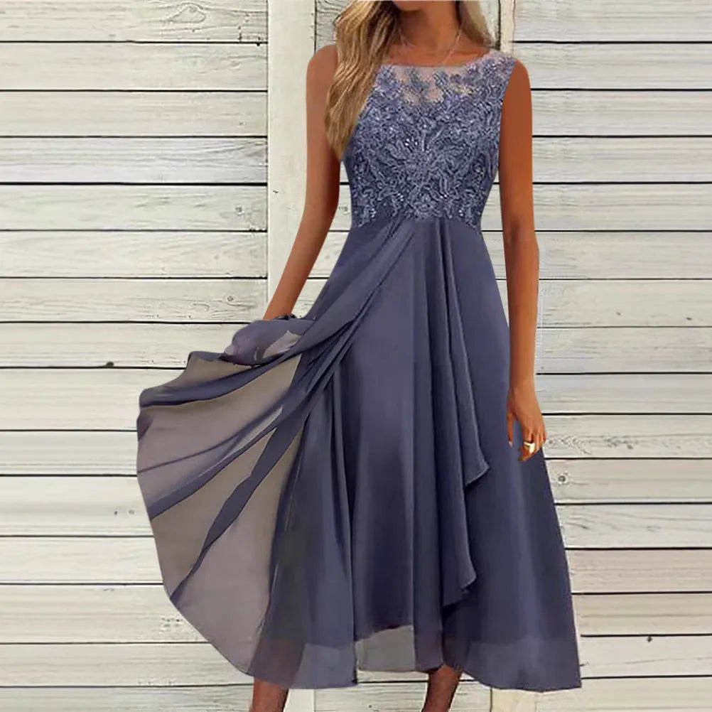 Women's sleeveless blue chiffon dress with hollow-out lace detail, mid-length princess style.