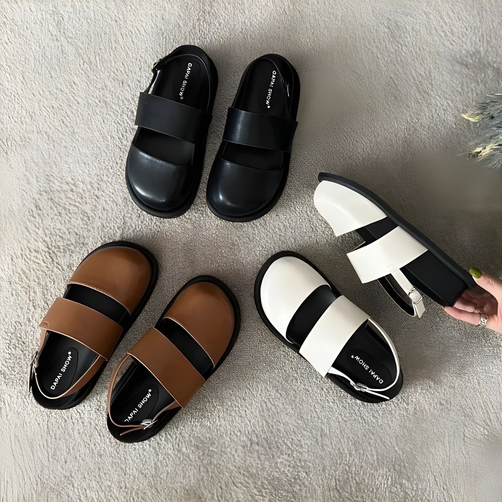 Retro raised sandals with ankle strap buckle in apricot colour showing closed toe design