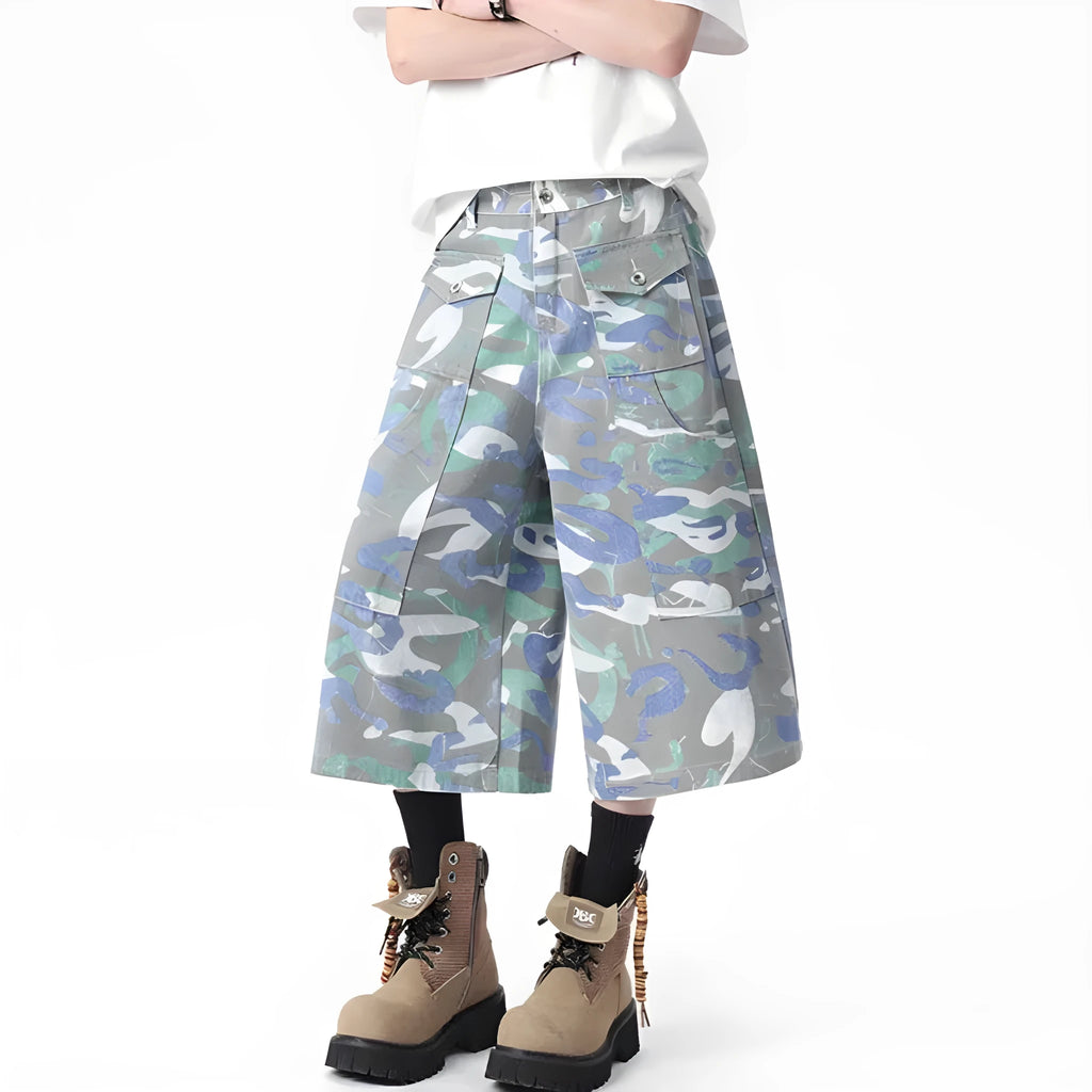 Camouflage colour denim cropped trousers with a straight leg and workwear pocket detail.