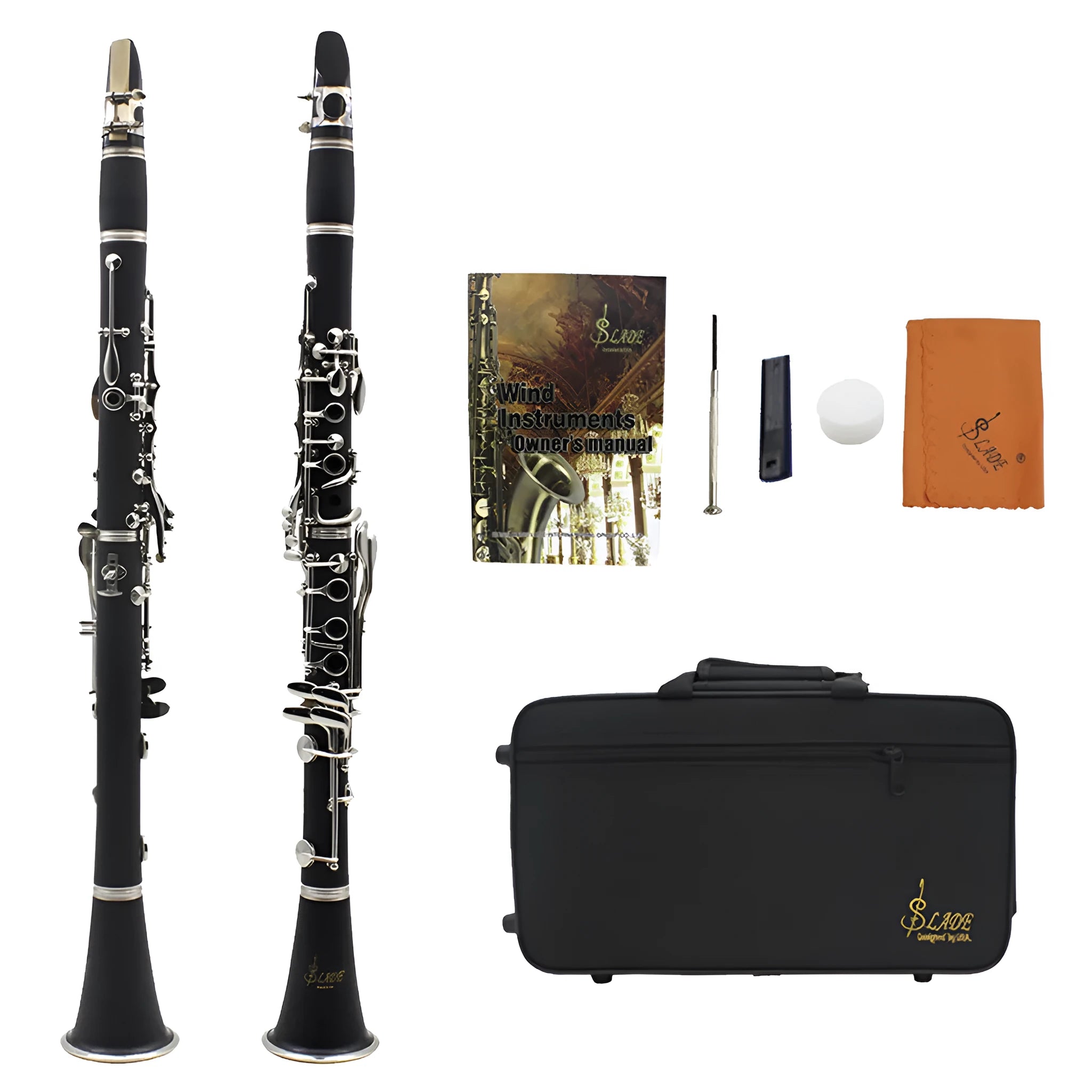 Black Bakelite beginner clarinet with 17 nickel keys and a carry bag.