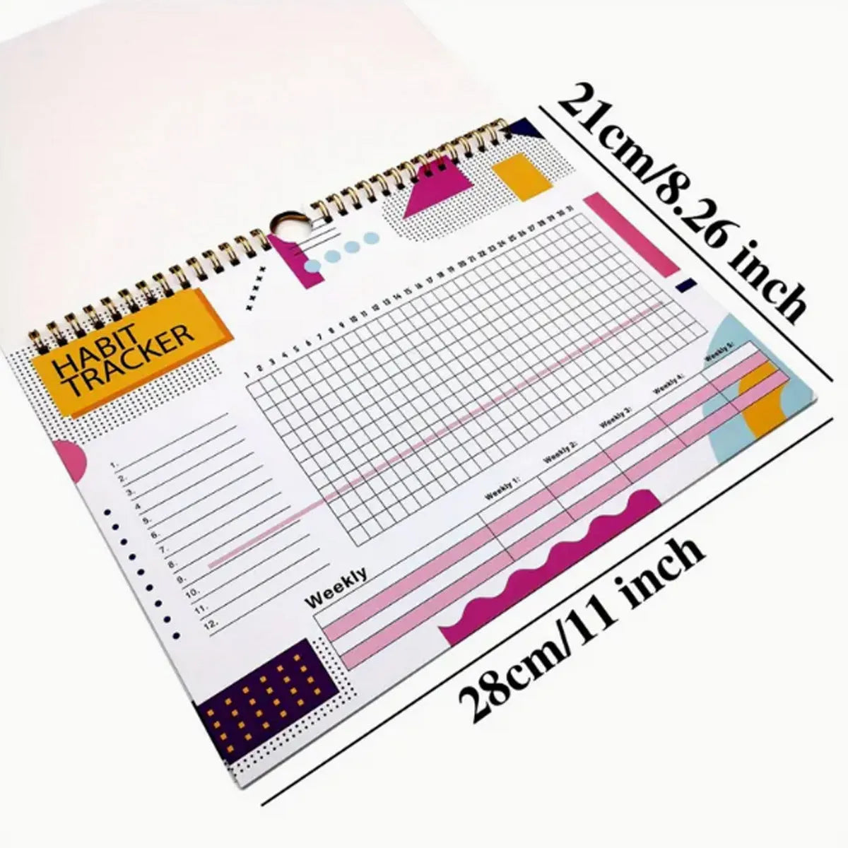 12-page habit tracking journal in pink and white, showing its 21cm by 28cm size.