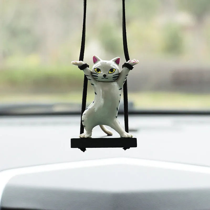 Cartoon-style resin cat pendant for car interior decoration with an adjustable rope, shown in black colour
