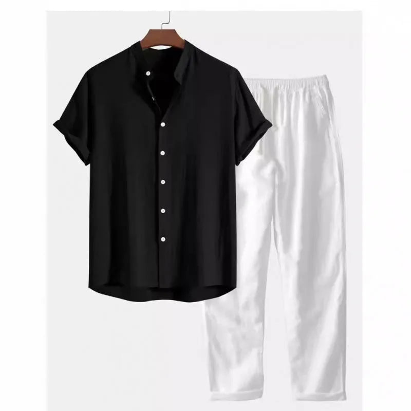 Men's casual short sleeve shirt and trousers set in linen-feel polyester fabric