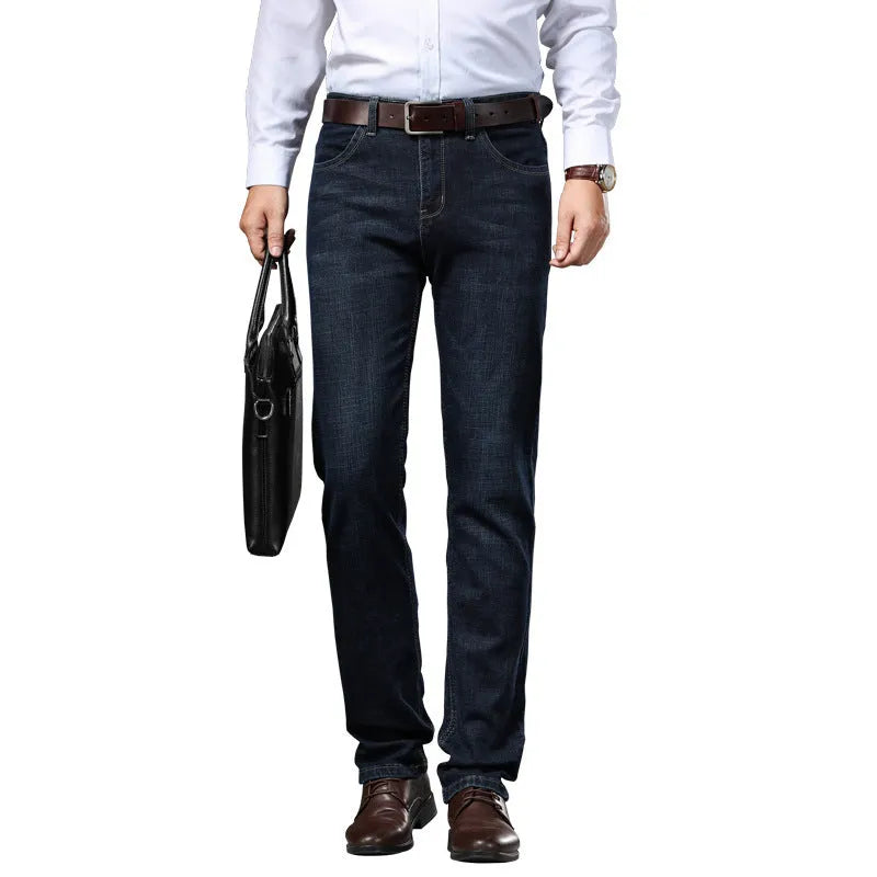 Men's black and blue stretch denim jeans showing straight-leg business casual style with mid waist and zip fly