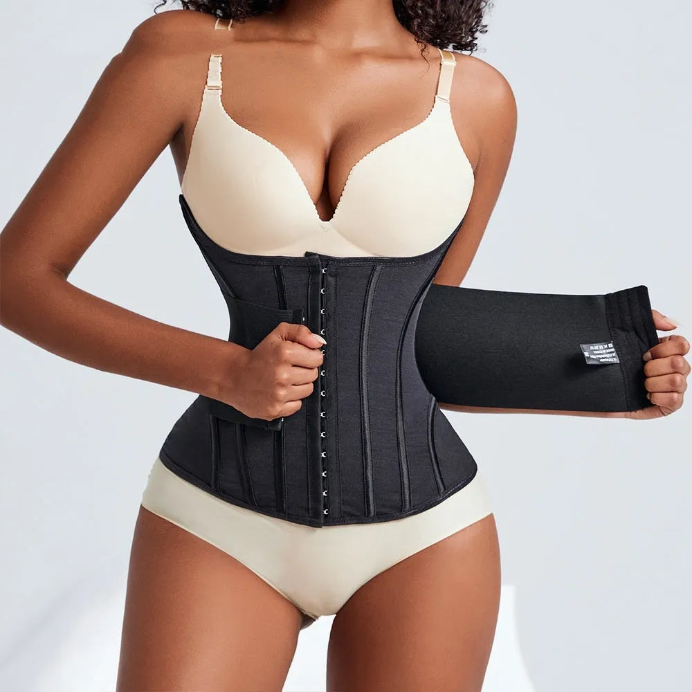 Nylon waist training belly band in black colour with adjustable fit for tummy slimming and fitness support