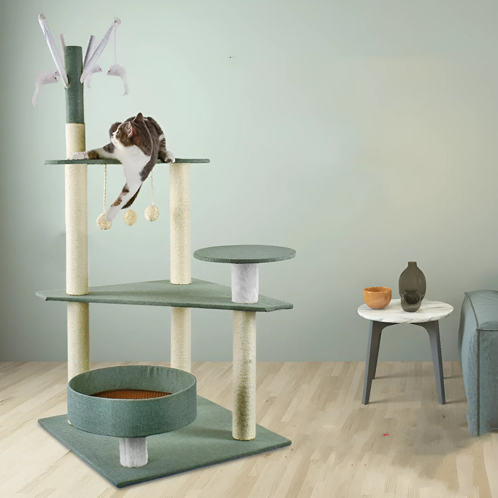 Solid wood cat climbing frame with integrated litter tree grab in grey colour option, plain design