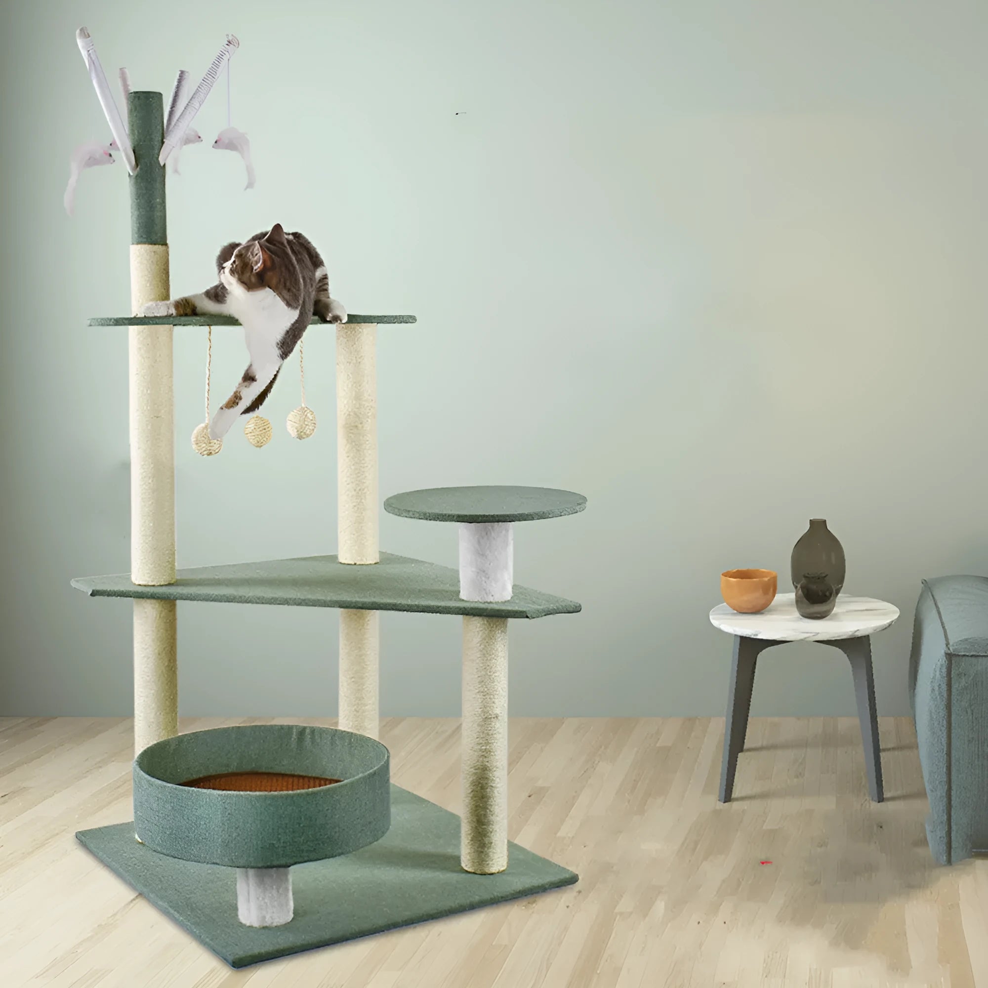 Solid wood cat climbing frame with integrated litter tree grab in grey colour option, plain design