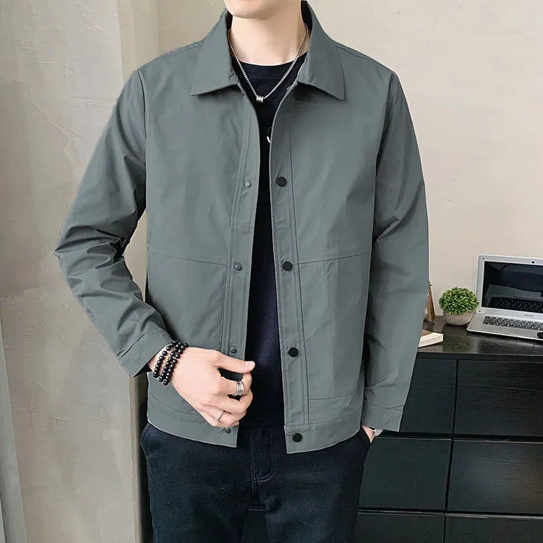 Men's thin single-layer Korean-style jacket in grey, shown on a hanger.