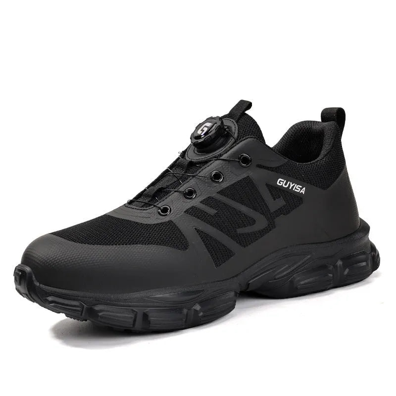 Black lightweight men's safety shoes with flyknit upper, steel toe cap, and TPU sole.