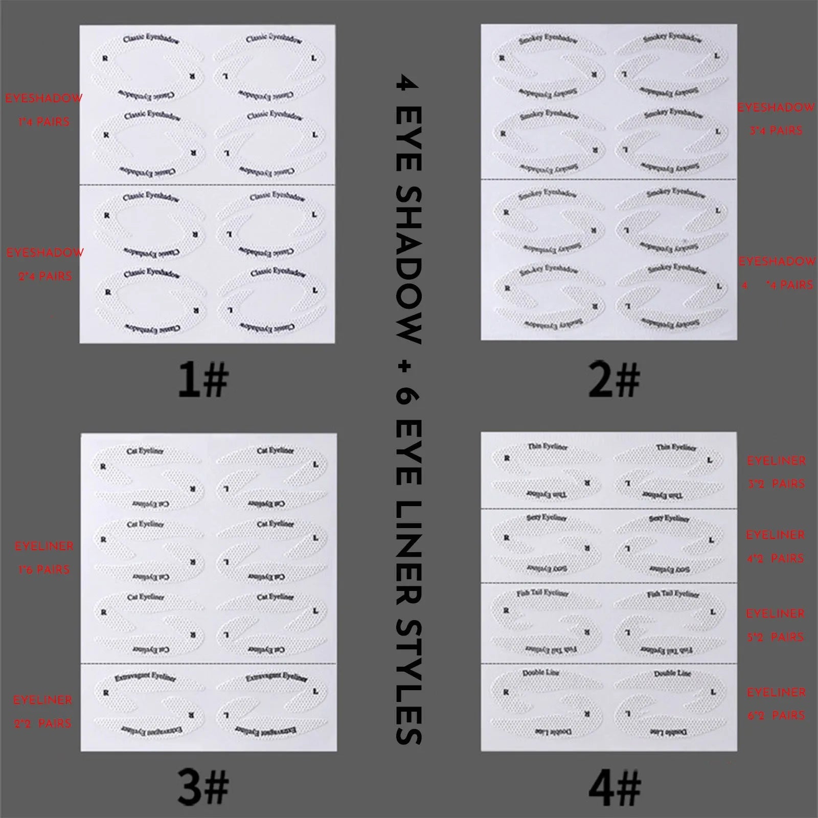 Set of four reusable flexible eyeliner and eyeshadow makeup stencil templates