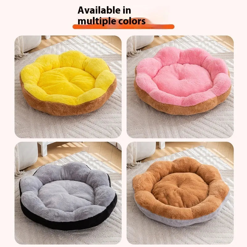 Washable round cat bed with removable plush cover in brown gray colour.