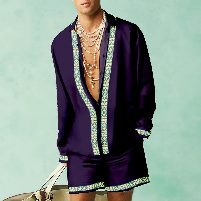 Slim fit long sleeve shirt and matching shorts casual summer set in polyester.