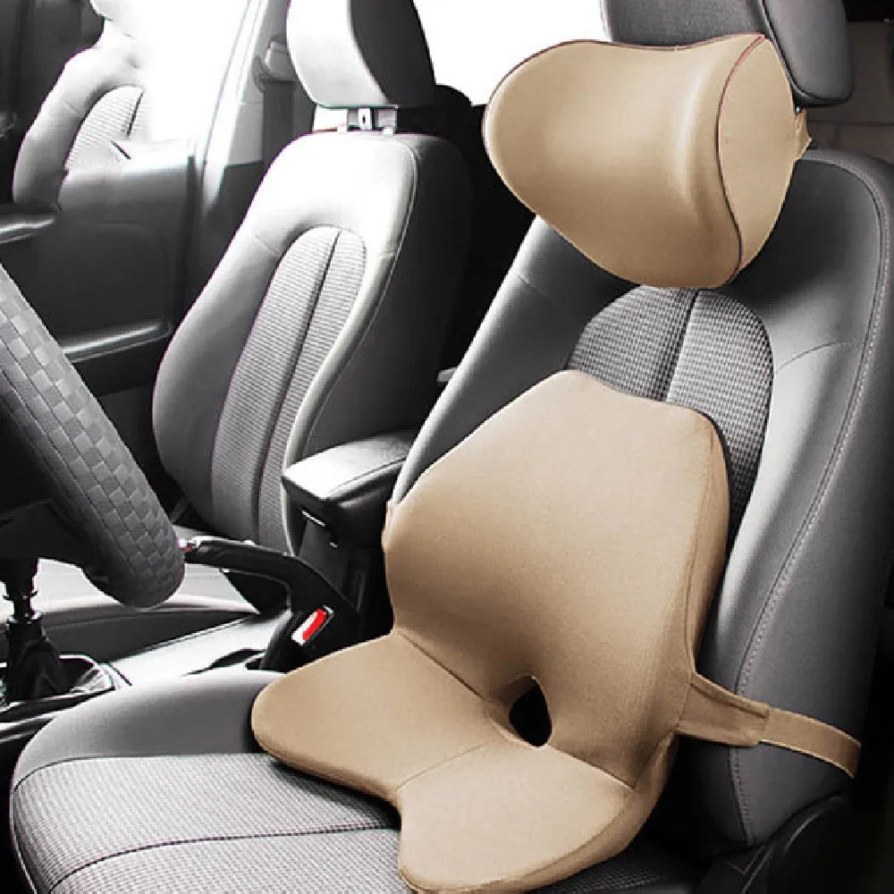 Car seat memory foam waist cushion and headrest set in beige colour