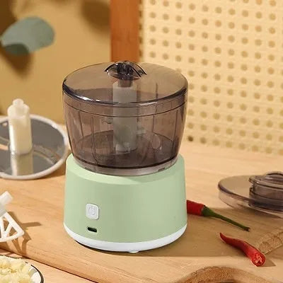 Mini electric meat grinder with transparent 225ml cup, stainless steel blades, USB charging port in white or light green
