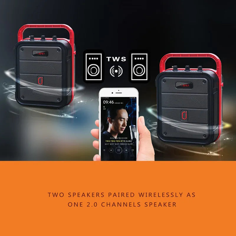 MS62AI portable Bluetooth speaker with wireless microphone on a table, showing control knob and plastic casing.