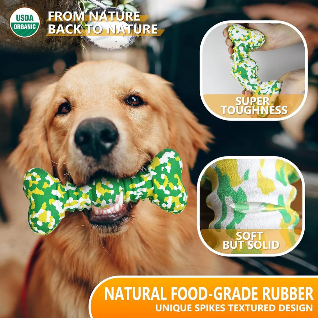 Natural rubber dog chew toy in camouflage colours for large breed aggressive chewers.