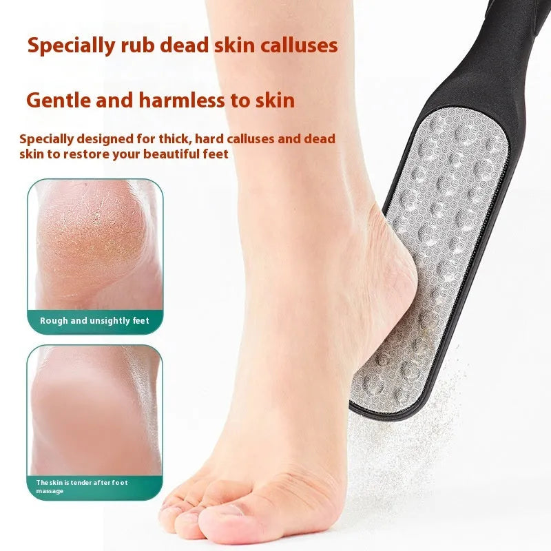 Stainless steel foot grinder with double-sided file, white and black foot gear pads.