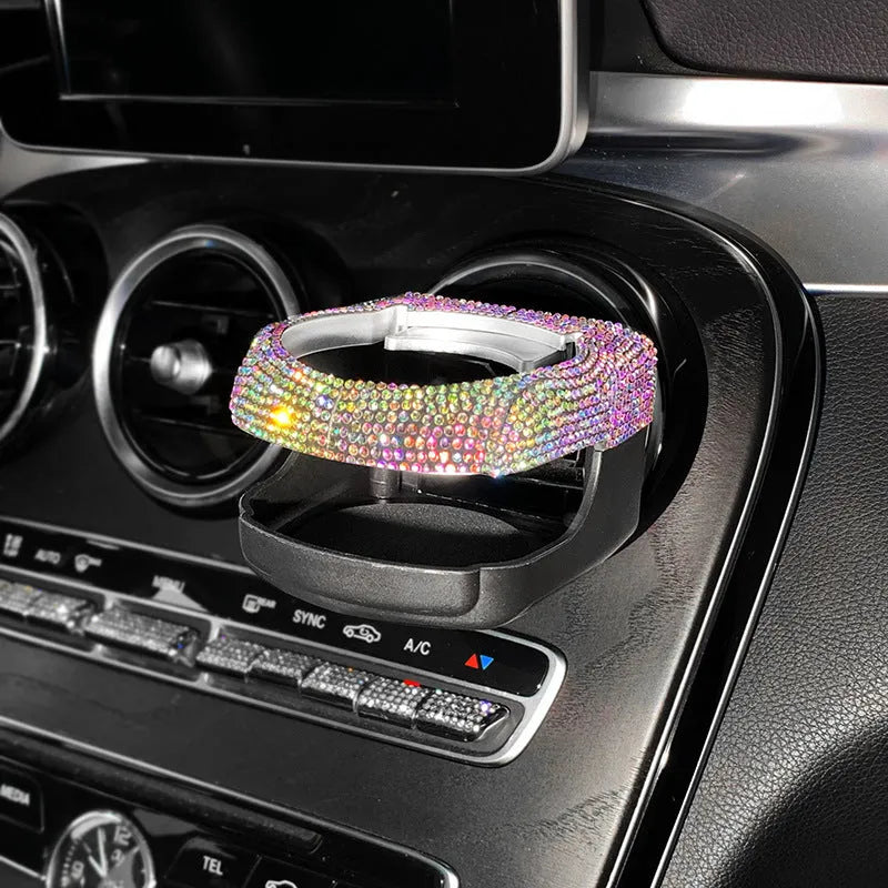 Car air vent cup holder bracket with rhinestone decoration in white diamond pattern