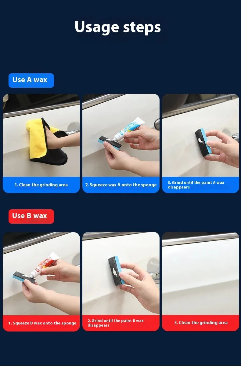 Car repair wax kit with A and B wax containers and frosted sponge mop for automotive paint scratch removal and polishing