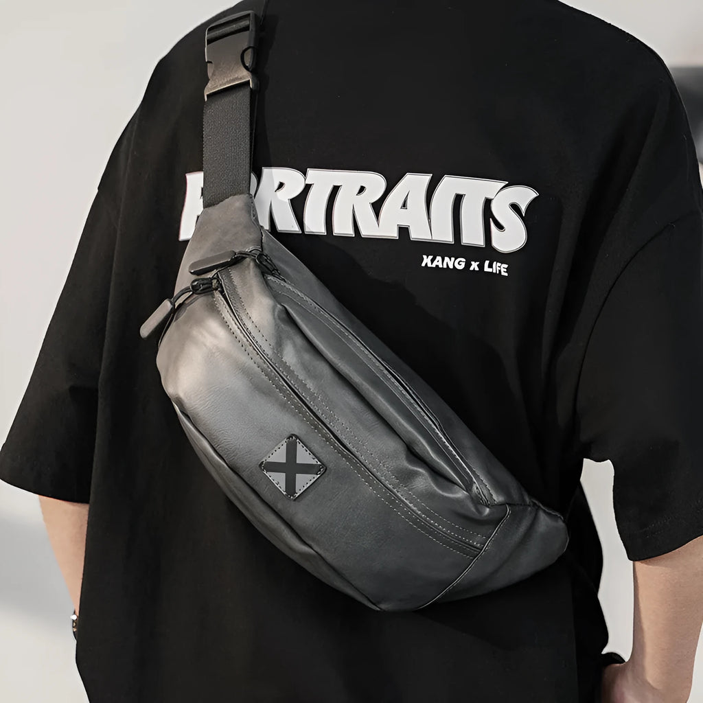 Korean men's trendy fashion shoulder bag in PU leather, available in black colour, with adjustable strap for crossbody wear.