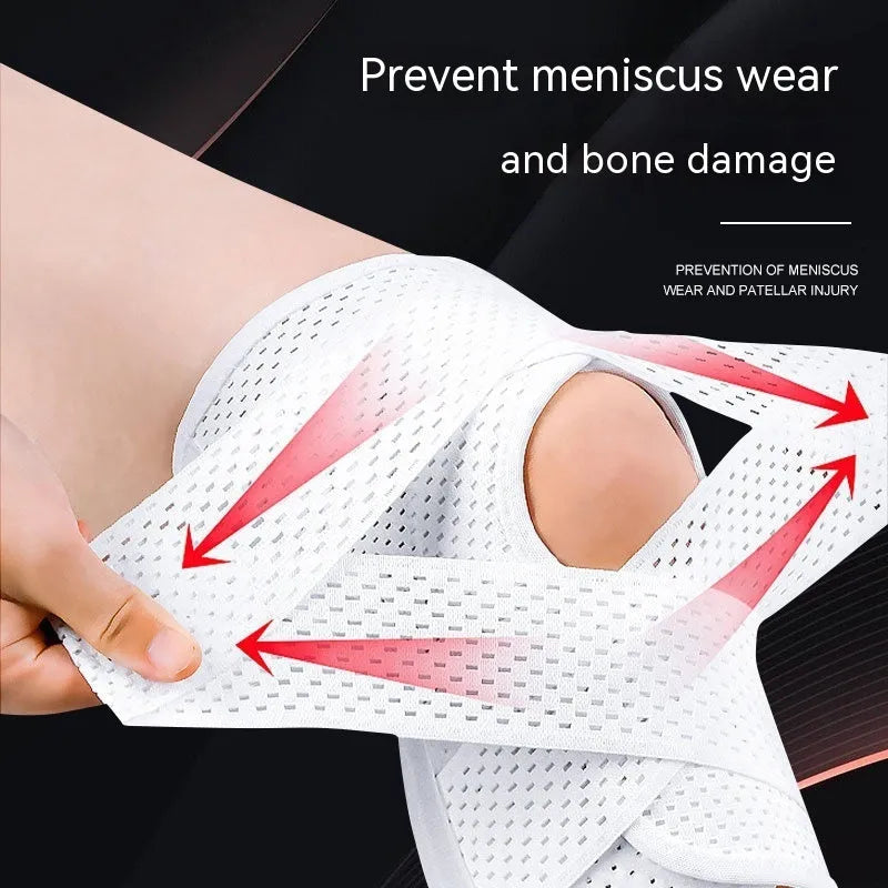 Black mesh knee protective cover for meniscus and patellar injury recovery during sports activities
