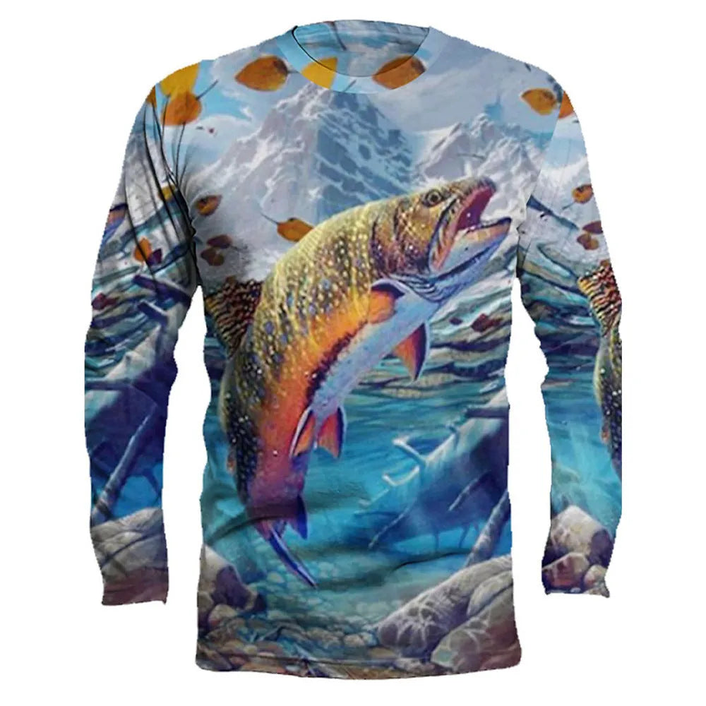 Men's grey round neck pullover with a detailed multi-coloured fish print on the front.