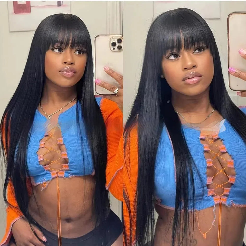 Natural colour human hair wig with straight fringe on a full-mechanism headgear cap.