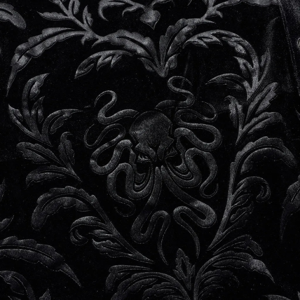 Men's black velvet shirt with Gothic printing, flocking, and fastener decoration on pointed collar long sleeve design