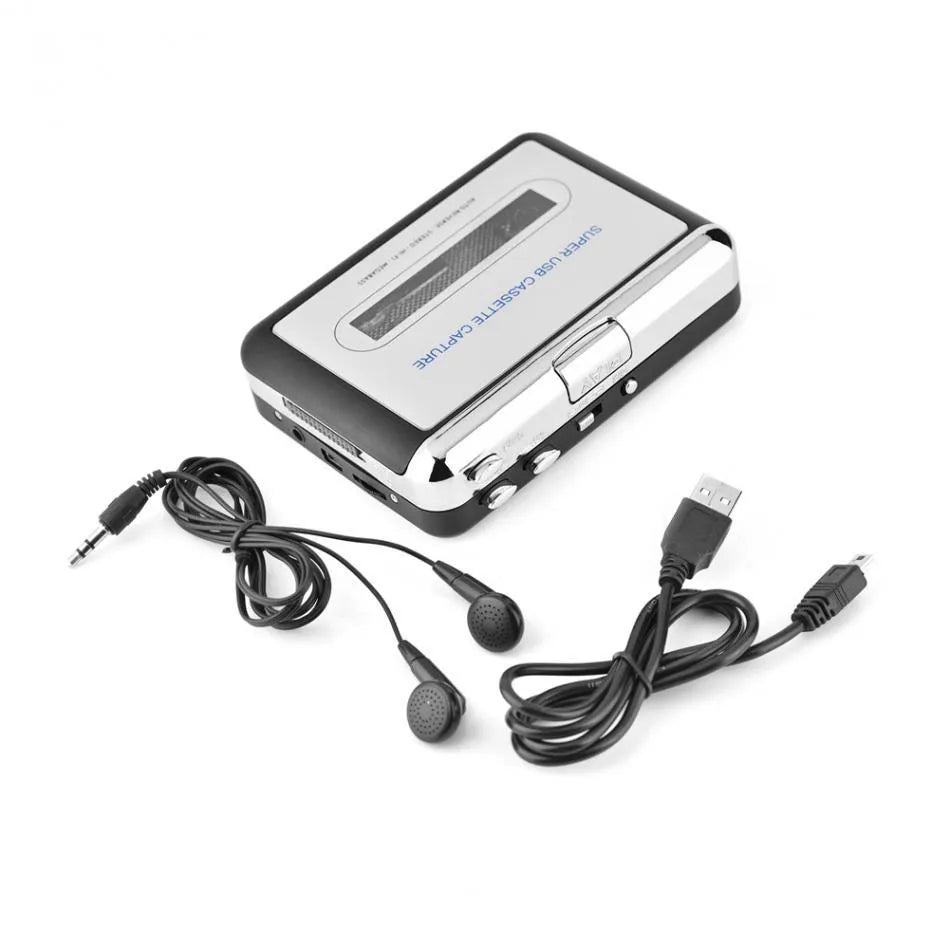 Silver USB cassette tape to MP3 converter unit with USB cable for audio digitisation