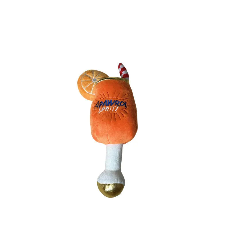 Yellow plush beer bottle squeaky dog toy with teeth-cleaning feature measuring 7cm