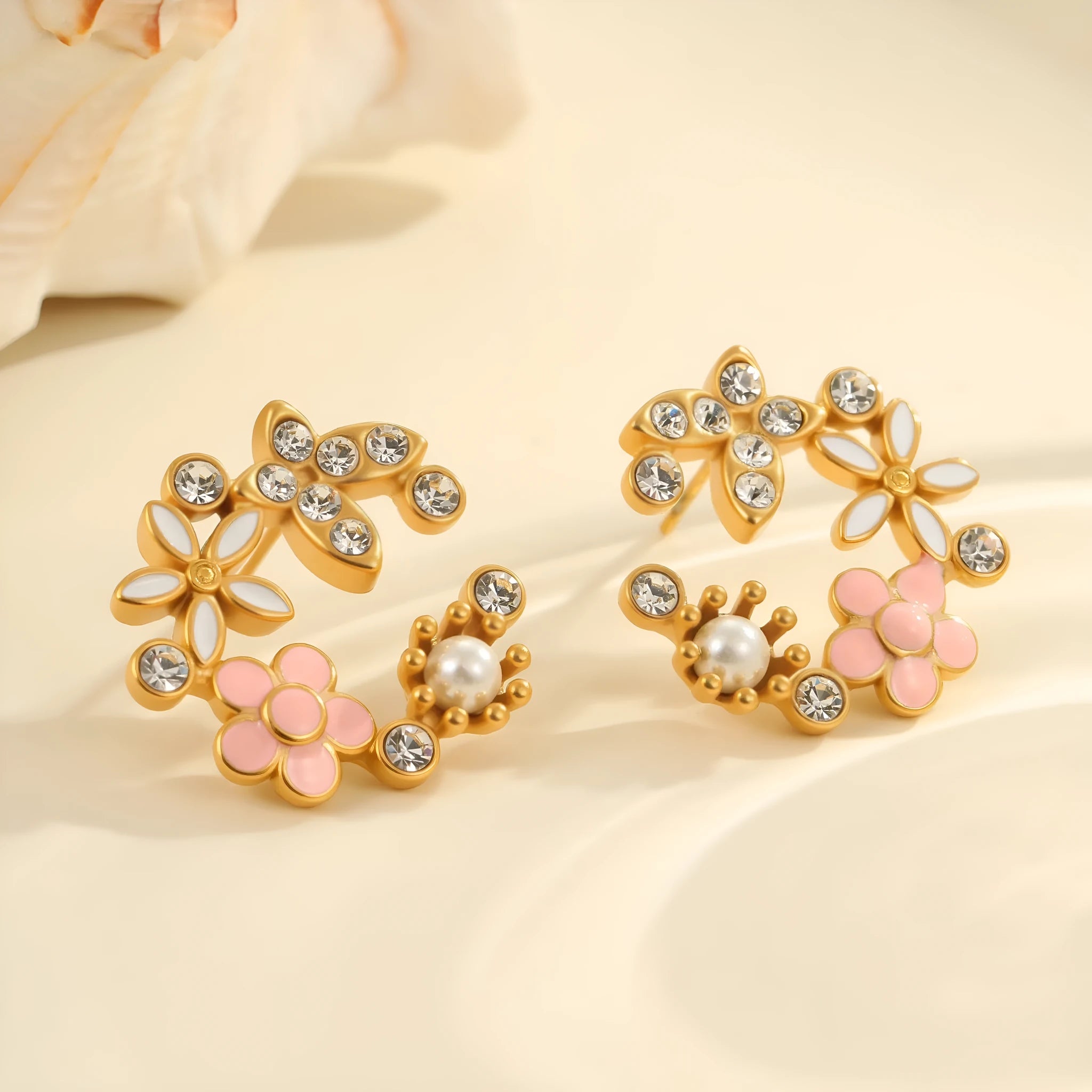 Colourful flower stud earrings with petal design in 18K stainless steel