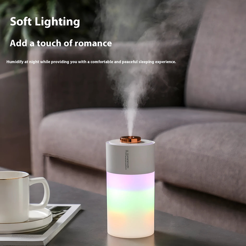 Homehold colourful USB humidifier in white or pink, plastic column shape, 7.5 x 7.5 x 14.8cm, under 36dB