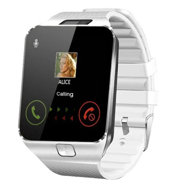 White smart watch with Bluetooth call function on a wrist, showing its 1.44-inch touch screen.