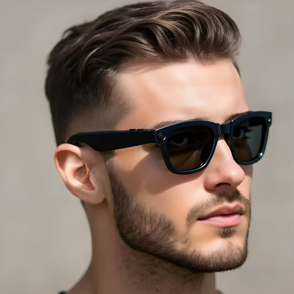 M01 AI translation glasses with HD camera in black and transparent lens options