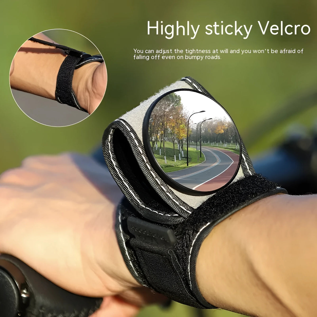 Black nylon wrist-mounted cycling rearview mirror with adjustable arm