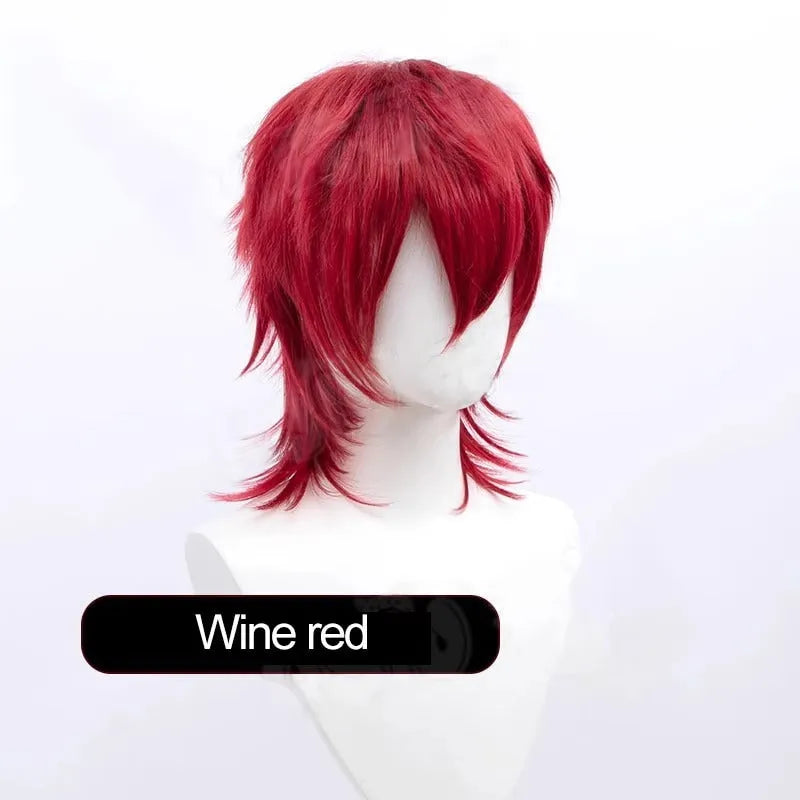 Men's short hair anime cosplay wig in high-temperature synthetic fibre on a stand
