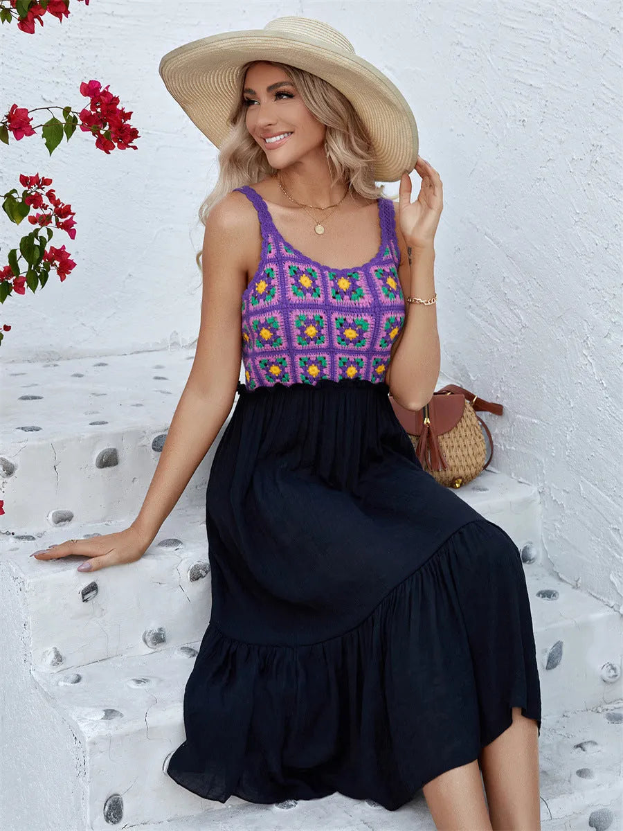 Purple sleeveless dress with white hand-hooked floral stitching pattern on the front