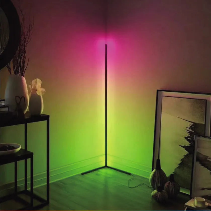 Black RGB atmosphere floor lamp with silicone shade and aluminum alloy body featuring music sync LED lighting