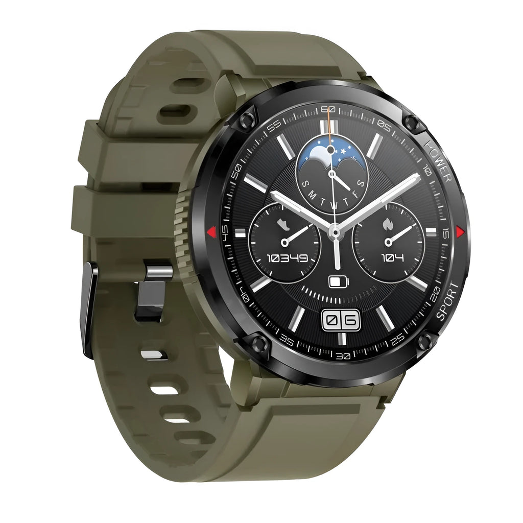 T30 Smart Watch with black silicone strap showing time on circular IPS touch screen