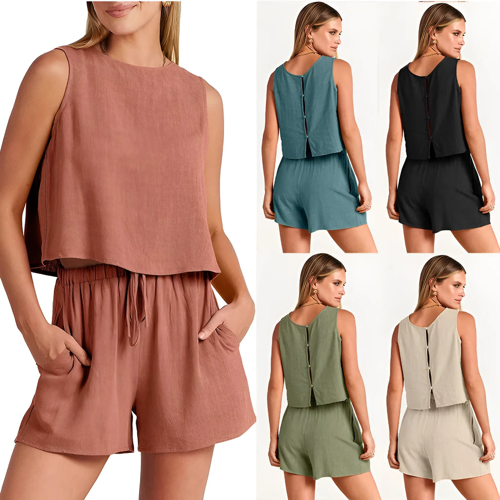 Women's rayon linen summer set with sleeveless top and drawstring shorts in five colour options