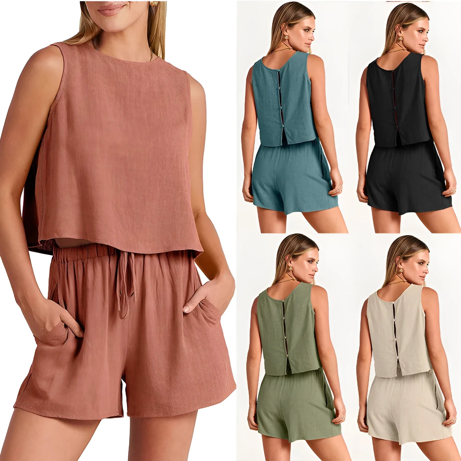 Women's rayon linen summer set with sleeveless top and drawstring shorts in five colour options