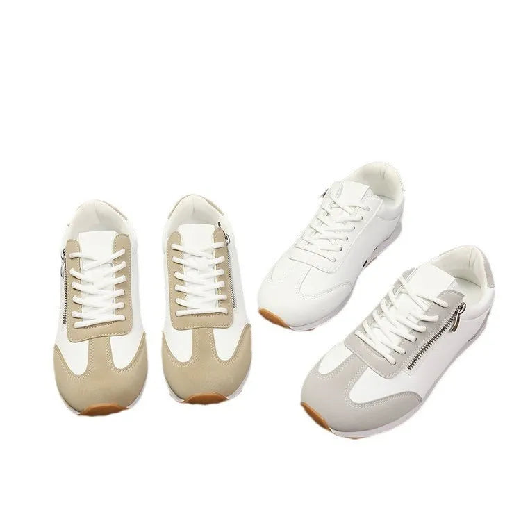 Women's flat-heeled shoes in grey, white, and champagne colours with rubber sole and PU upper