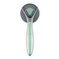 Grey self-cleaning slicker brush for grooming cats and dogs, showing the one-click cleaning button and soft-tipped bristles.