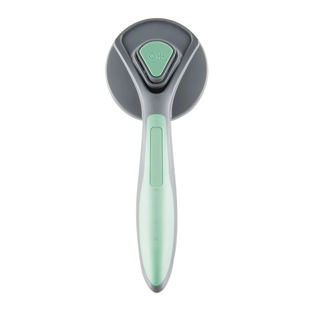 Grey self-cleaning slicker brush for grooming cats and dogs, showing the one-click cleaning button and soft-tipped bristles.