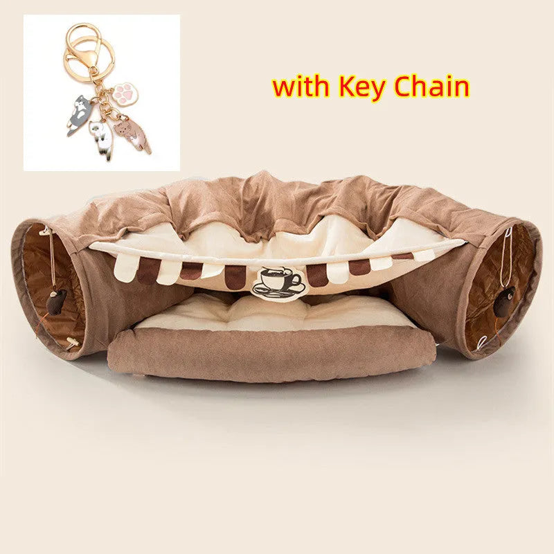 Collapsible washable fabric cat tunnel showing bar, coffee, matcha, and pink colour options